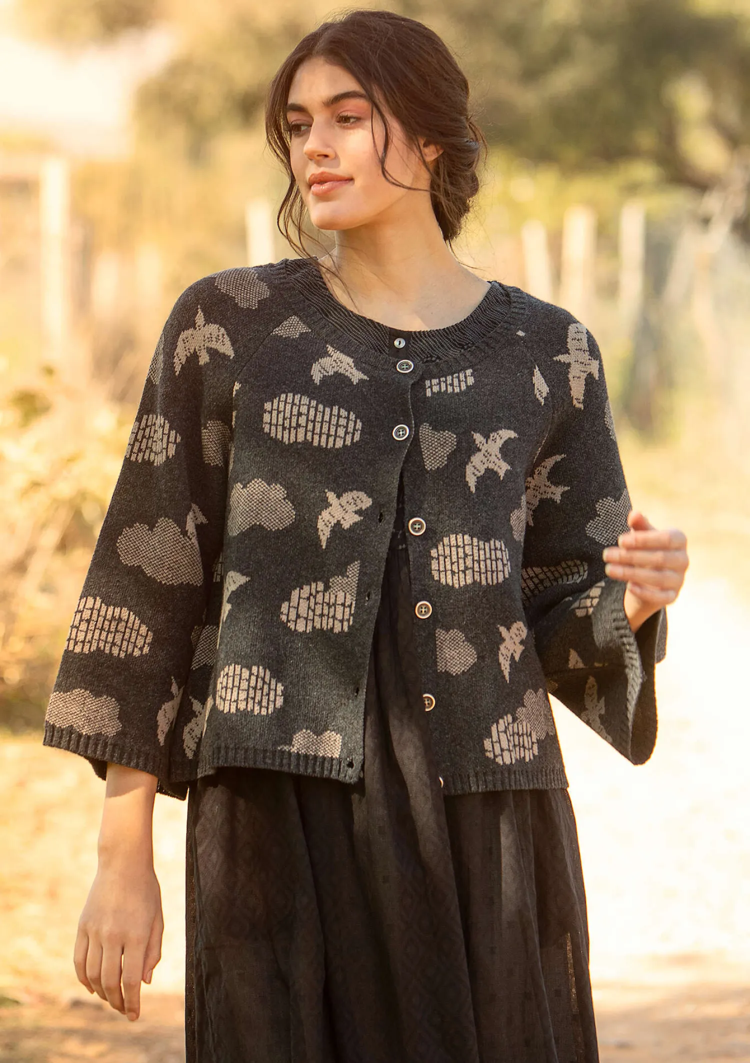 Sale Gudrun Sjödén Strickjacke „Flyttfågel“ aus Recycling-Wollmischung/Recycling-Baumwolle dunkelaschgrau-melange